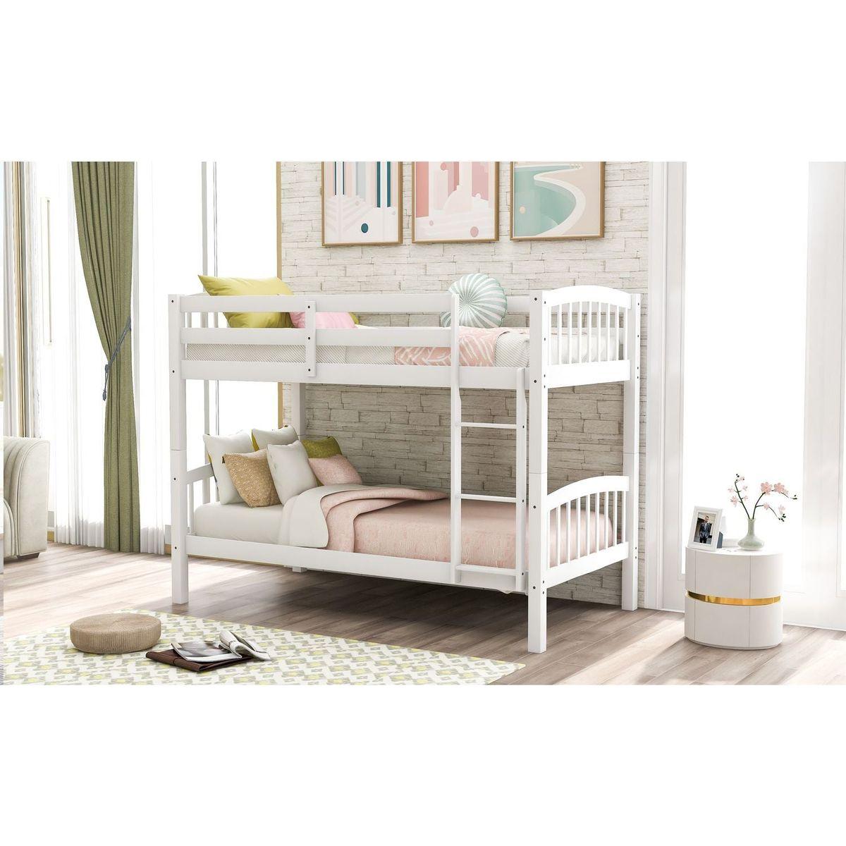 Twin Over Twin Bunk Bed with Ladder, White - Streamdale Furniture