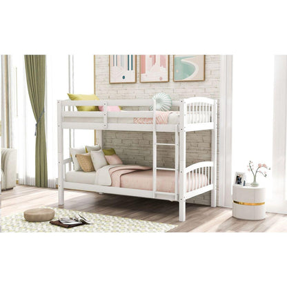 Twin Over Twin Bunk Bed with Ladder, White - Streamdale Furniture