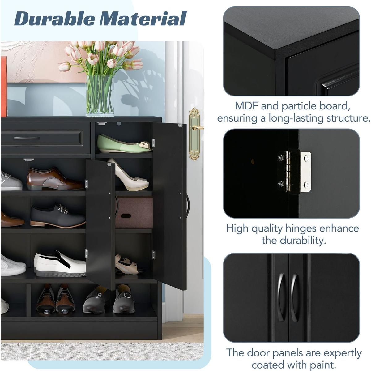 Sleek and Modern Shoe Cabinet with Adjustable Shelves, Minimalist Shoe Storage Organizer with Sturdy Top Surface, Space-saving Design Side Board for Various Sizes of Items, Black