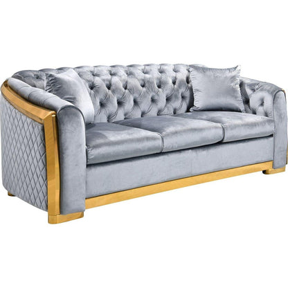 Velvet Luxury Chesterfield Sofa Set, 84 Inches Tufted 3 Seat Couch with Gold Stainless for Living Room, Grey Fabric