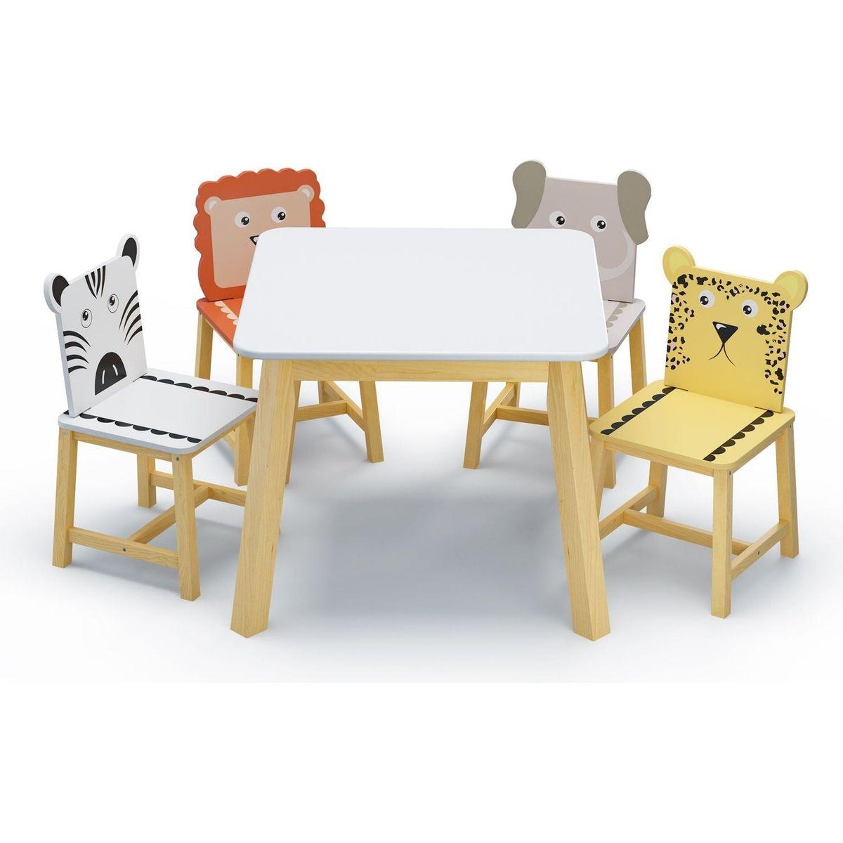 5 Piece Kiddy Table and Chair Set, Kids Wood Table with 4 Chairs Set Cartoon Animals (bigger table) (3-8 years old)