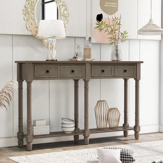 Console Table Sofa Table Easy Assembly with Two Storage Drawers and Bottom Shelf for Living Room, Entryway (Grey Wash) - Streamdale Furniture