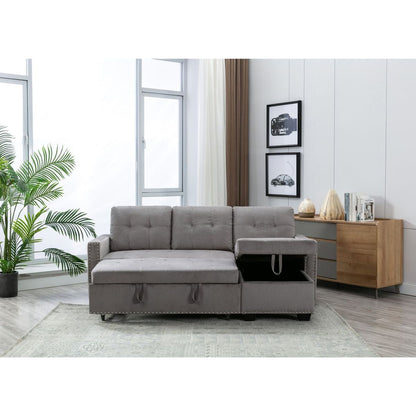 77 Inch Reversible Sectional Storage Sleeper Sofa Bed, L-Shape 2 Seat Sectional Chaise With Storage, Skin-Feeling Velvet Fabric, Light Grey Color For Living Room Furniture