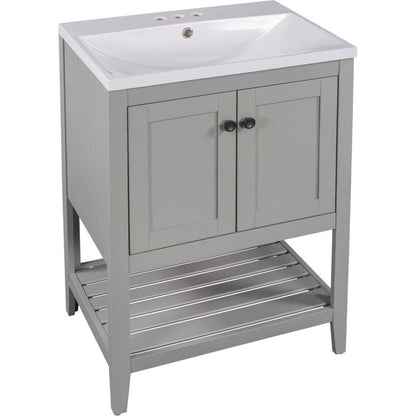 24" Grey Modern Sleek Bathroom Vanity Elegant Ceramic Sink with Solid Wood Frame Open Style Shelf