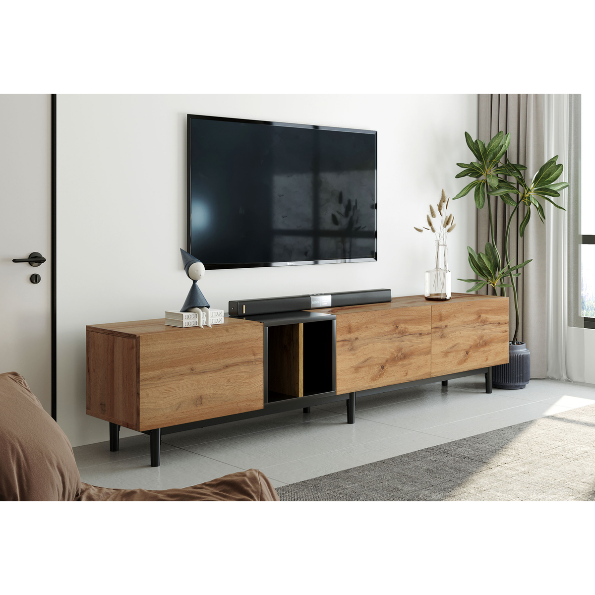 Modern TV Stand for 80" TV with 3 Doors, Media Console Table, Entertainment Center with Large Storage Cabinet for Living Room, Bedroom