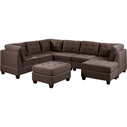 Contemporary Modular Sectional 8pc Set Living Room Furniture Corner L-Sectional Black Coffee Linen Like Fabric Tufted Nail heads 3x Corner Wedge 3x Armless Chair and 2x Ottoman