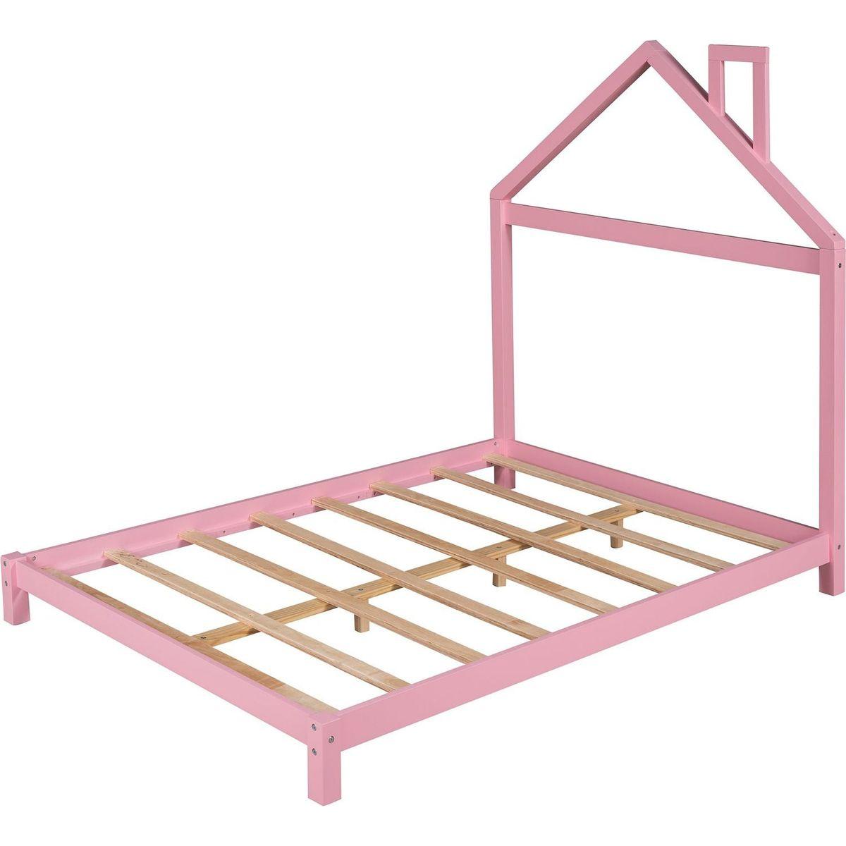 Full Size Wood Platform Bed with House-shaped Headboard (Pink)