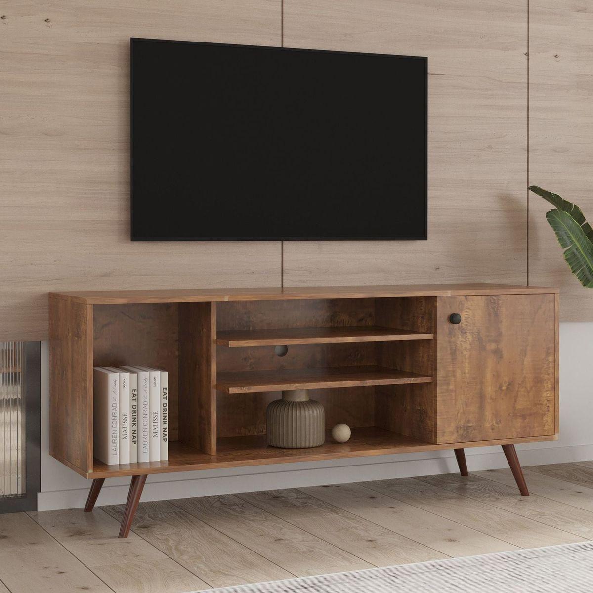 TV Stand Use in Living Room Furniture with 1 storage and 2 shelves Cabinet, high quality particle board, Walnut