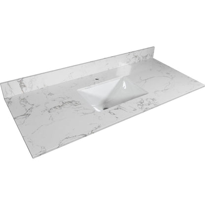 43"x22" bathroom stone vanity top engineered stone carrara white marble color with rectangle undermount ceramic sink and single faucet hole with back splash .