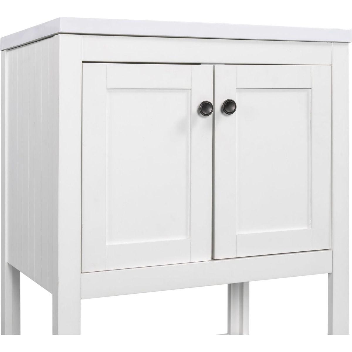 24" White Modern Sleek Bathroom Vanity Elegant Ceramic Sink with Solid Wood Frame Open Style Shelf