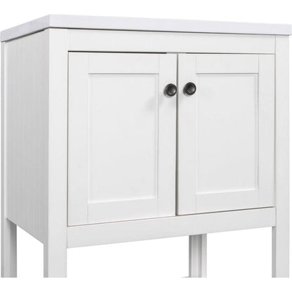 24" White Modern Sleek Bathroom Vanity Elegant Ceramic Sink with Solid Wood Frame Open Style Shelf