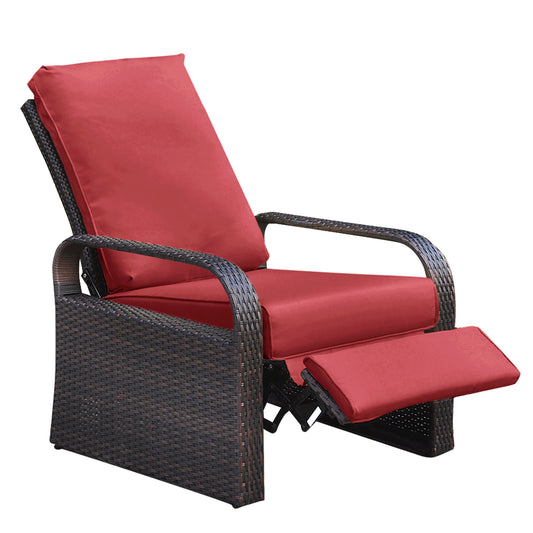 Outdoor Garden Recliner Chair, Automatic Adjustable Wicker Lounge Recliner Chair with Comfy Thicken Cushion, All Weather Aluminum Frame, Brown Wicker + Red Cushion