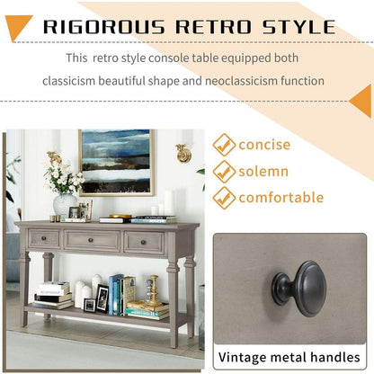 Classic Retro Style Console Table with Three Top Drawers and Open Style Bottom Shelf, Easy Assembly (Gray Wash)