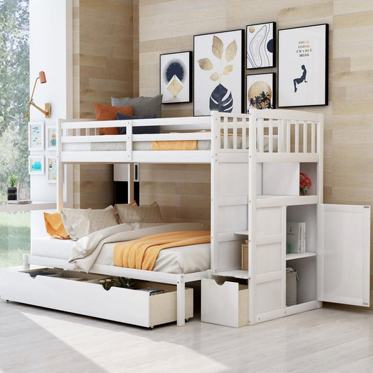 Twin over Full/Twin Bunk Bed, Convertible Bottom Bed, Storage Shelves and Drawers, White - Streamdale Furniture