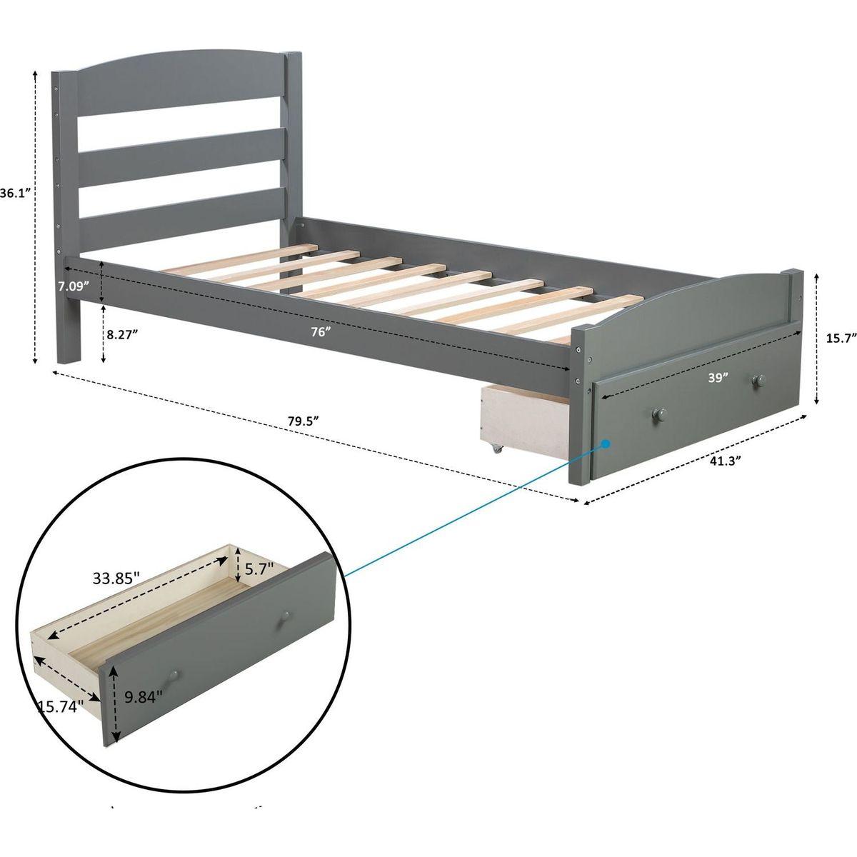 Platform Twin Bed Frame with Storage Drawer and Wood Slat Support No Box Spring Needed, Gray