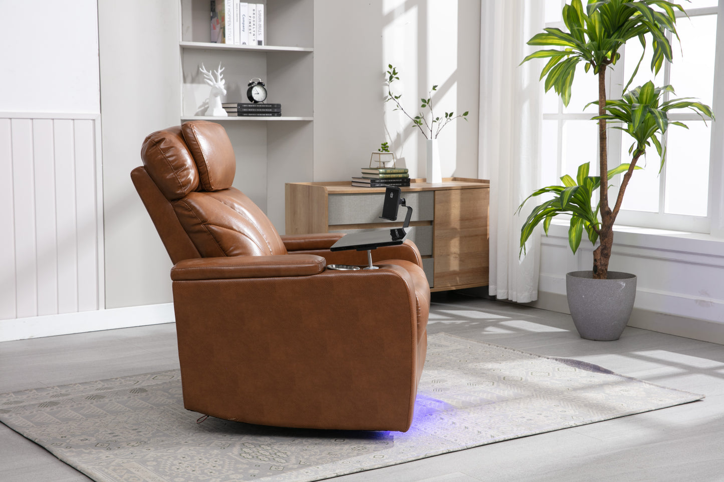 Power Motion Recliner with USB Charging Port and Hidden Arm Storage, Home Theater Seating with Convenient Cup Holder Design, and stereo(Light Brown)