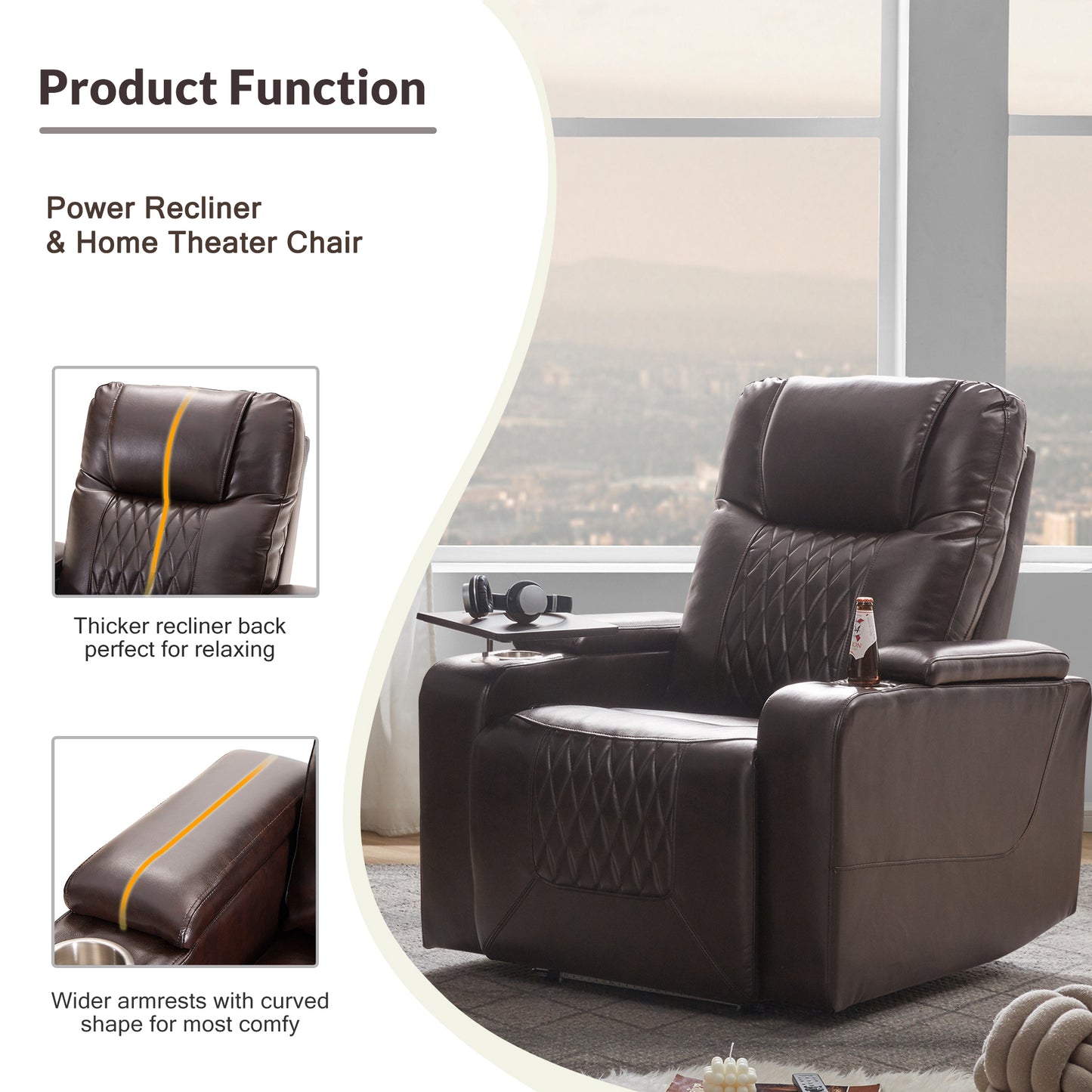 Power Motion Recliner with USB Charging Port and Hidden Arm Storage 2 Convenient Cup Holders Design and 360 degree Swivel Tray Table, Brown