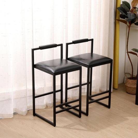 Black Bar Stool with Backrest Set of 2 Counter Height PU Leather Upholstered Bar Chairs with Footrest