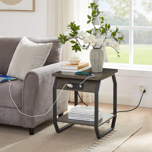 Side Table with Charging Station, Set of 2 End Tables with USB Ports and Sockets, Bedside Tables in Living Room, Bedroom, Dark Grey,17.32" W x 17.32" D x 21.65" H.