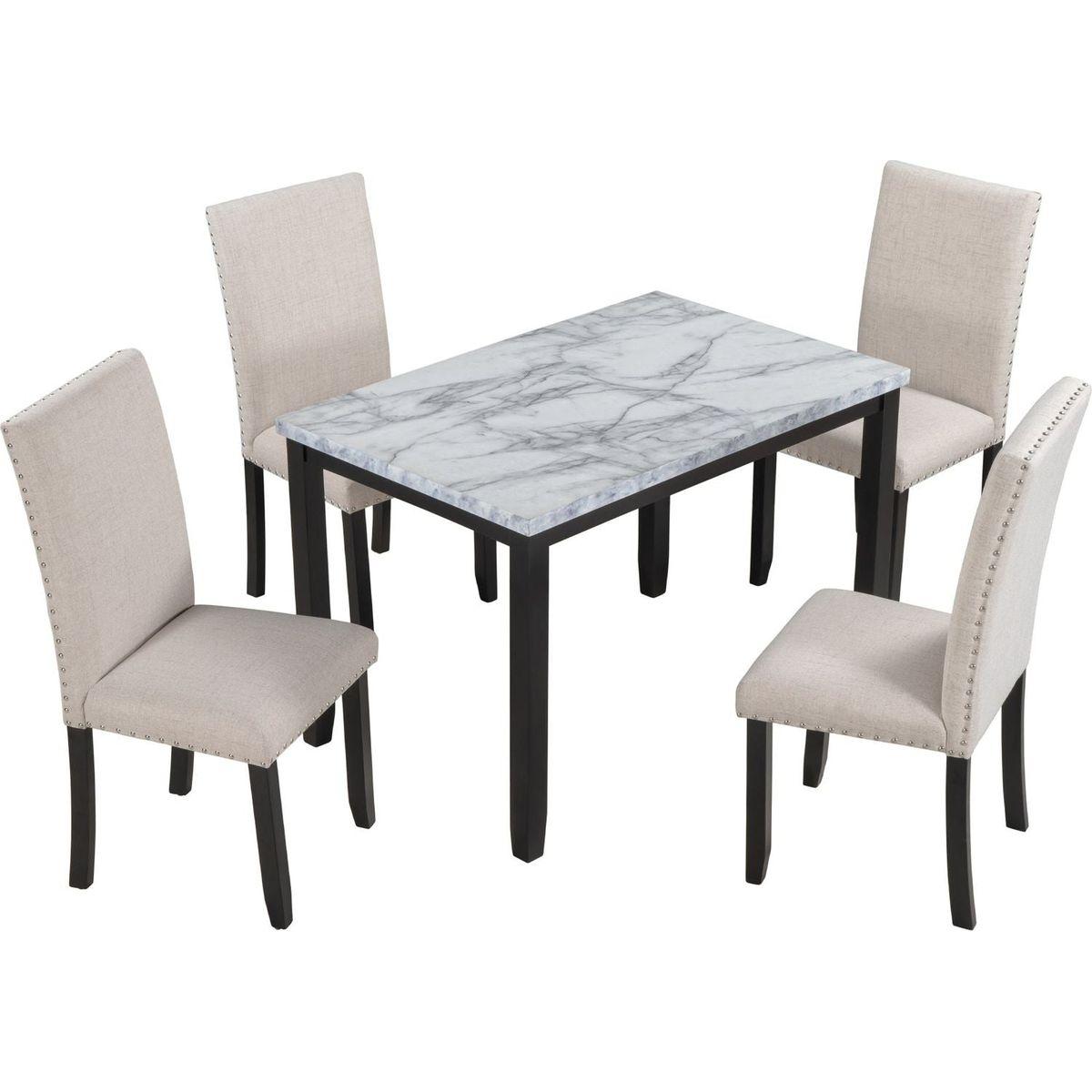 Faux Marble 5-Piece Dining Set Table with 4 Thicken Cushion Dining Chairs Home Furniture, White/Beige+Black