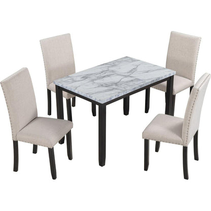 Faux Marble 5-Piece Dining Set Table with 4 Thicken Cushion Dining Chairs Home Furniture, White/Beige+Black