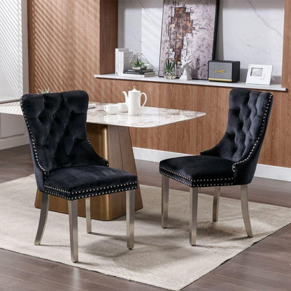 Nikki Collection Modern, High-end Tufted Solid Wood Contemporary Velvet Upholstered Dining Chair with Chrome Stainless Steel Plating Legs, Nailhead Trim, Set of 2, Black and Chrome