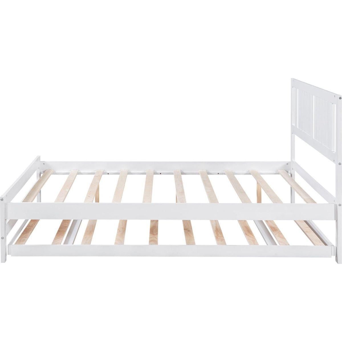 Full Size Platform Bed with Adjustable Trundle, White