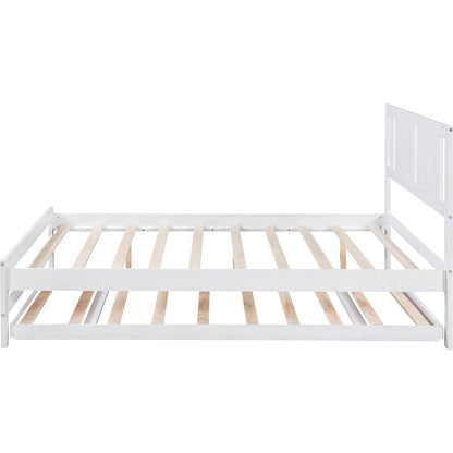 Full Size Platform Bed with Adjustable Trundle, White