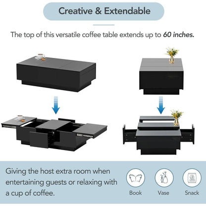 Multifunctional Coffee Table with 2 large Hidden Storage Compartment, Extendable Cocktail Table with 2 Drawers, High-gloss Center Table with Sliding Top for Living Room, 39.3"x21.6", Black