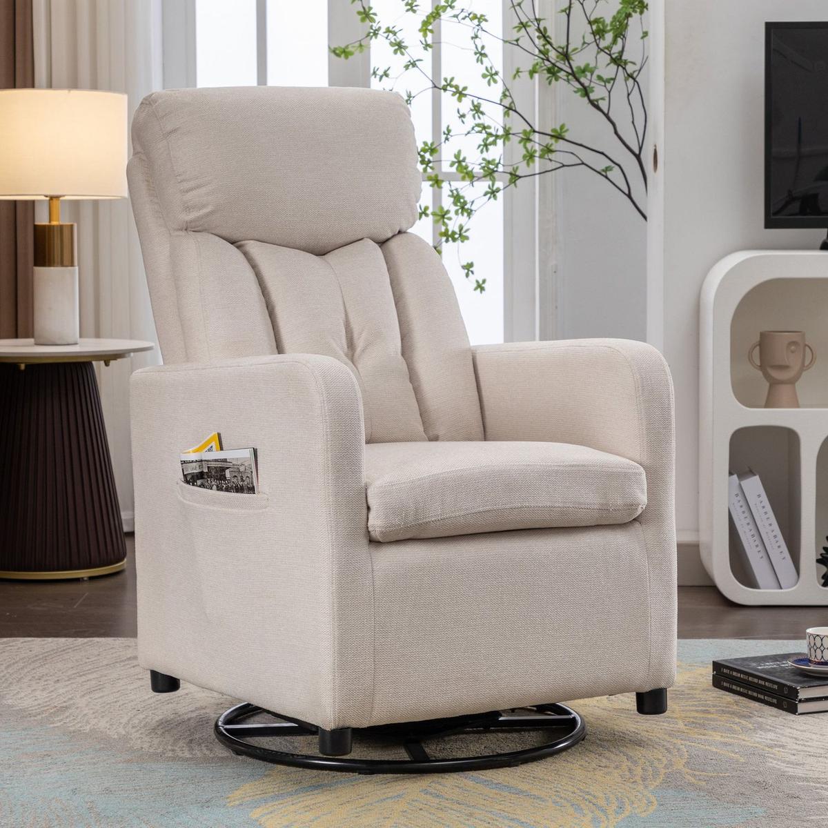 Linen Fabric Swivel Rocking Chair Gilder Chair With Pocket,Beige