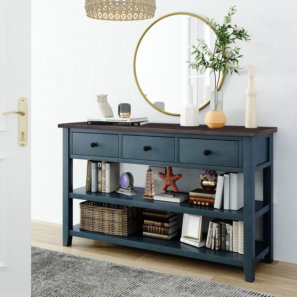 Retro Design Console Table with Two Open Shelves, Pine Solid Wood Frame and Legs for Living Room (Navy) - Streamdale Furniture
