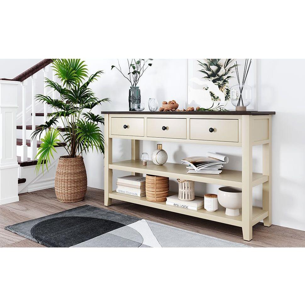 Retro Design Console Table with Two Open Shelves, Pine Solid Wood Frame and Legs for Living Room (Espresso+Beige)