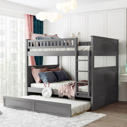 Full Over Full Bunk Bed with Twin Size Trundle, Pine Wood Bunk Bed with Guardrails, Brushed Gray