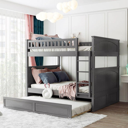 Full Over Full Bunk Bed with Twin Size Trundle, Pine Wood Bunk Bed with Guardrails, Brushed Gray