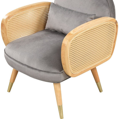 Amchair with Rattan Armrest and Metal Legs Upholstered Mid Century Modern Chairs for Living Room or Reading Room, Grey