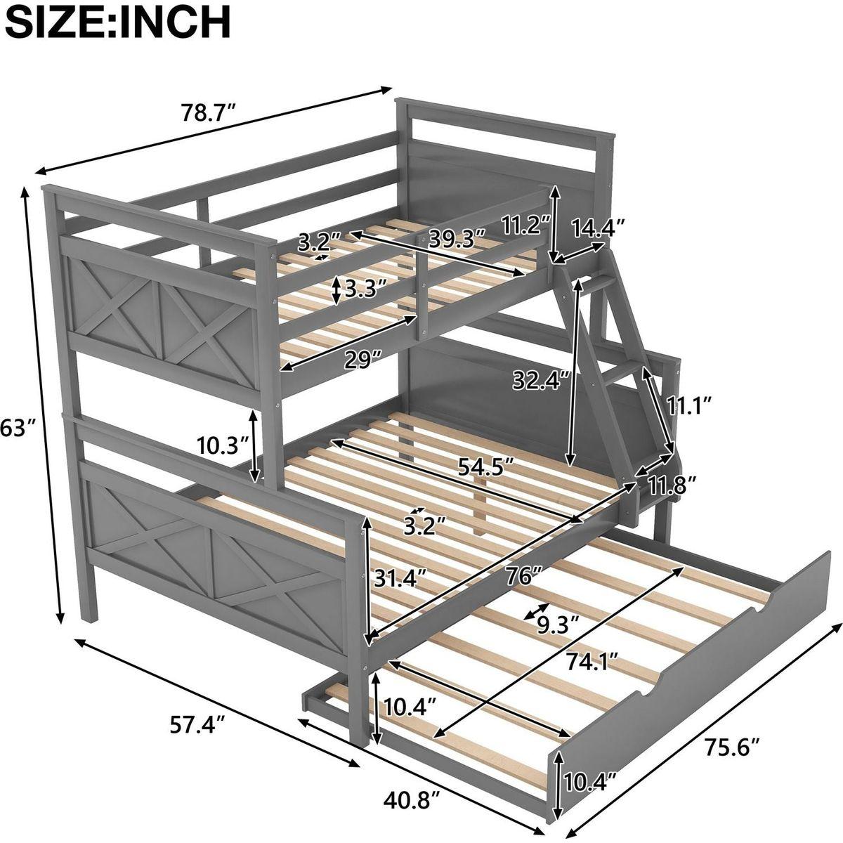 Twin over Full Bunk Bed with Ladder, Twin Size Trundle, Safety Guardrail, Gray