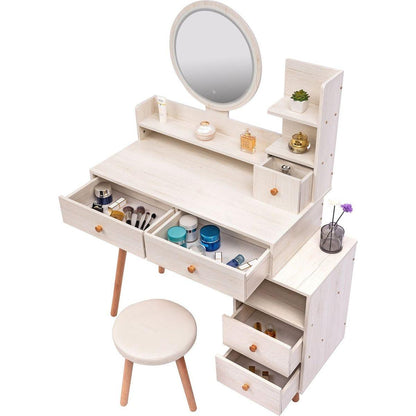 Stylish Vanity Table + Cushioned Stool, Touch Control LED Mirror, Large Capacity Storage Cabinet, 5 Drawers, Fashionable Makeup Furniture, Length Adjustable(L31.5"-43.2"x W15.8" x H48.1")