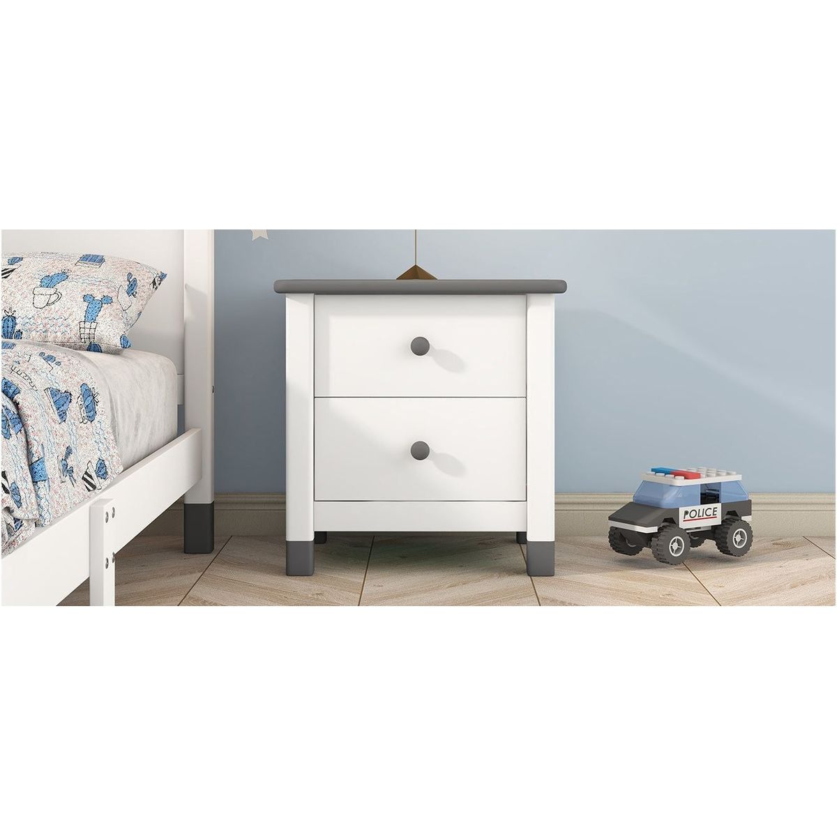 Wooden Nightstand with Two Drawers for Kids, End Table for Bedroom, White+Gray