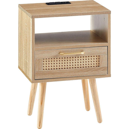 15.75" Rattan End table with Power Outlet & USB Ports, Modern nightstand with drawer and solid wood legs, side table for living roon, bedroom, natural