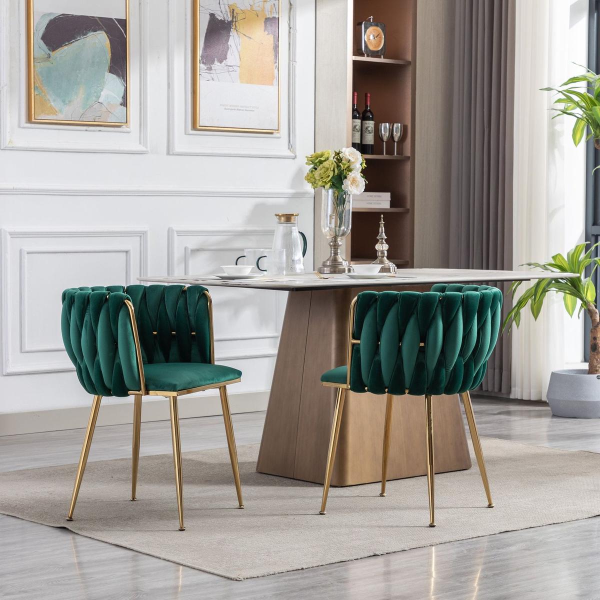 Dining Chair, Thickened fabric chairs with wood legs Set of 2, Green