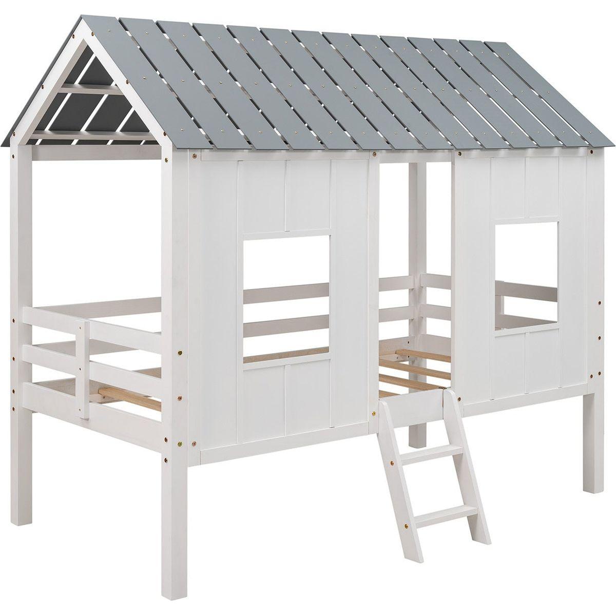 Twin Size Low Loft House Bed with Roof and Two Front Windows, White