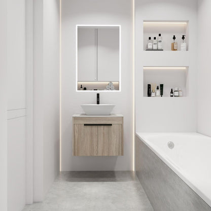 24" Modern Design Float Bathroom Vanity With Ceramic Basin Set, Wall Mounted White Oak Vanity With Soft Close Door, KD-PackingD-Packing Pieces