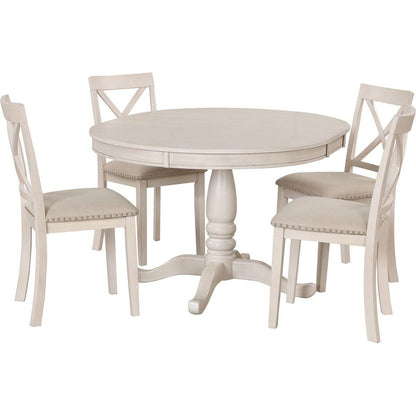 Modern Dining Table Set for 4, Round Table and 4 Kitchen Room Chairs, 5 Piece Kitchen Table Set for Dining Room, Dinette, Breakfast Nook, Antique White