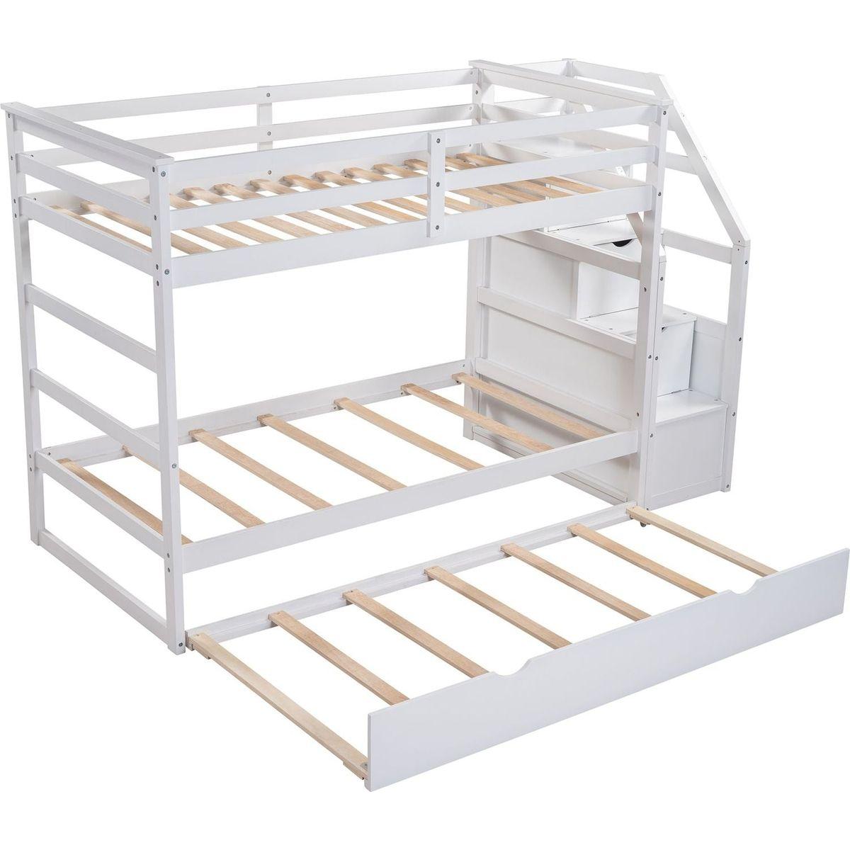 Twin-Over-Twin Bunk Bed with Twin Size Trundle and 3 Storage Stairs, White - Streamdale Furniture