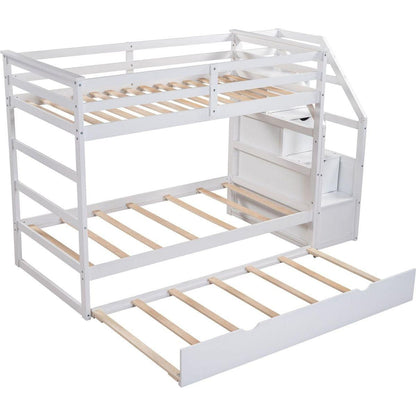 Twin-Over-Twin Bunk Bed with Twin Size Trundle and 3 Storage Stairs, White - Streamdale Furniture