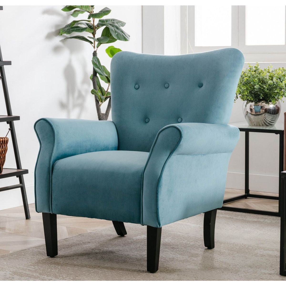 Stylish Living Room Furniture 1pc Accent Chair Blue Button-Tufted Back Rolled-Arms Black Legs Modern Design Furniture