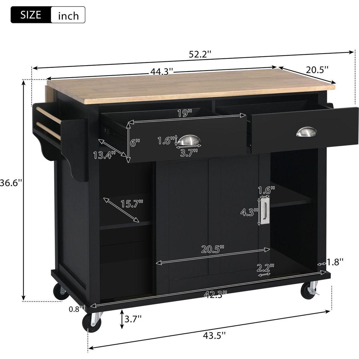 Kitchen Cart with Rubber wood Drop-Leaf Countertop, Concealed sliding barn door adjustable height, Kitchen Island on 4 Wheels with Storage Cabinet and 2 Drawers, L52.2xW30.5xH36.6 inch, Black