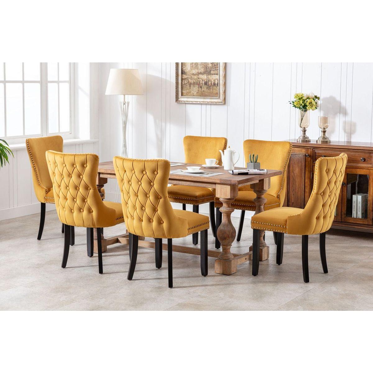 Upholstered Wing-Back Dining Chair with Backstitching Nailhead Trim and Solid Wood Legs, Set of 2, Gold