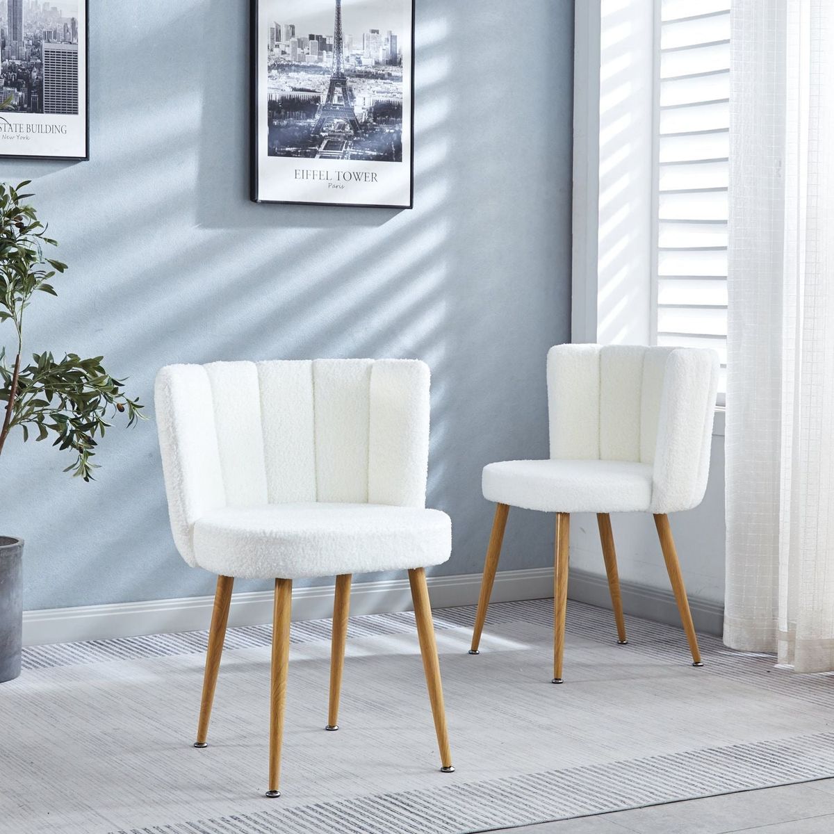 Modern WHITE dining chair(set of 2 ) with iron tube wood color legs, shorthair cushions and comfortable backrest, suitable for dining room, living room, cafe, simple structure.