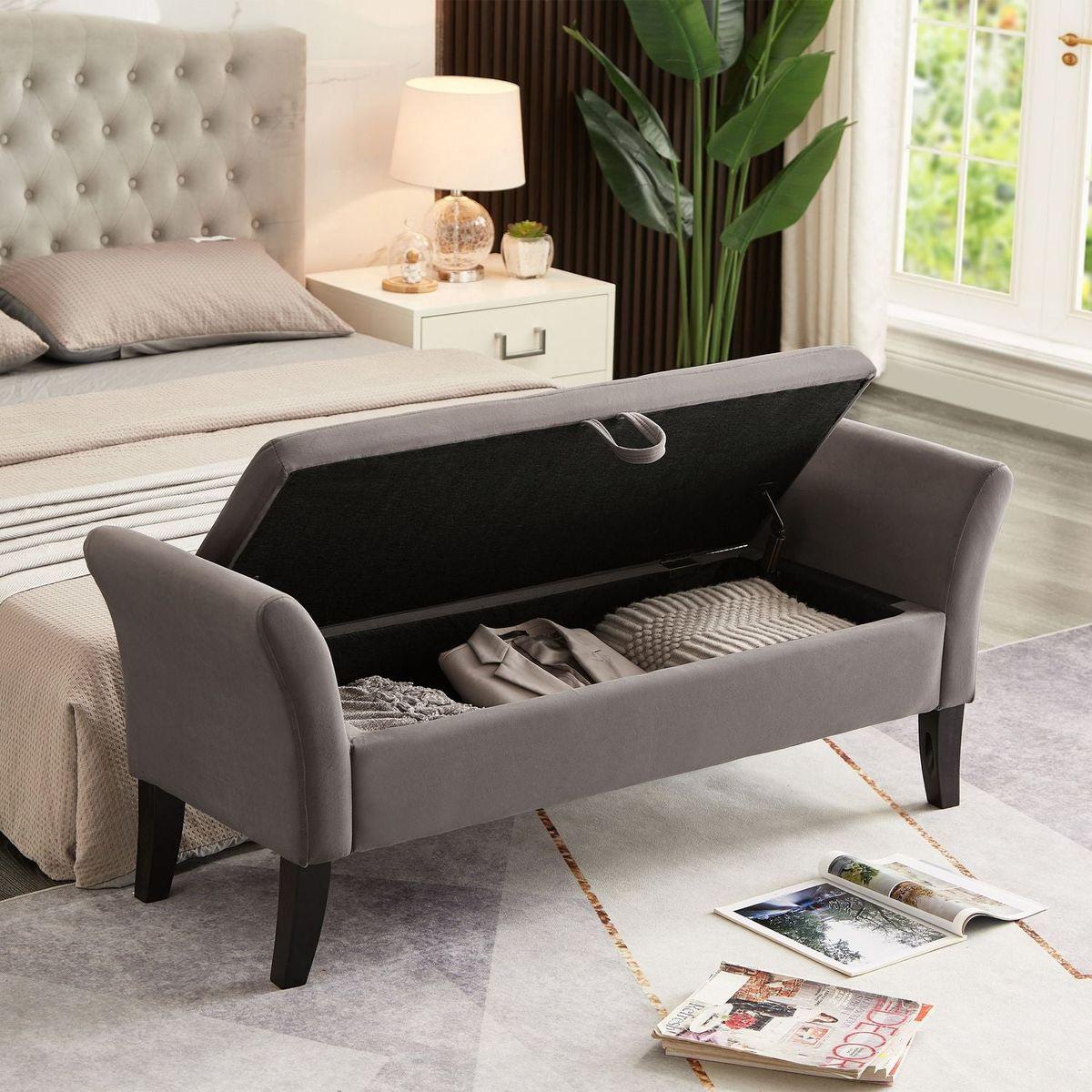 51.5" Bed Bench with Storage Grey Velvet - Streamdale Furniture